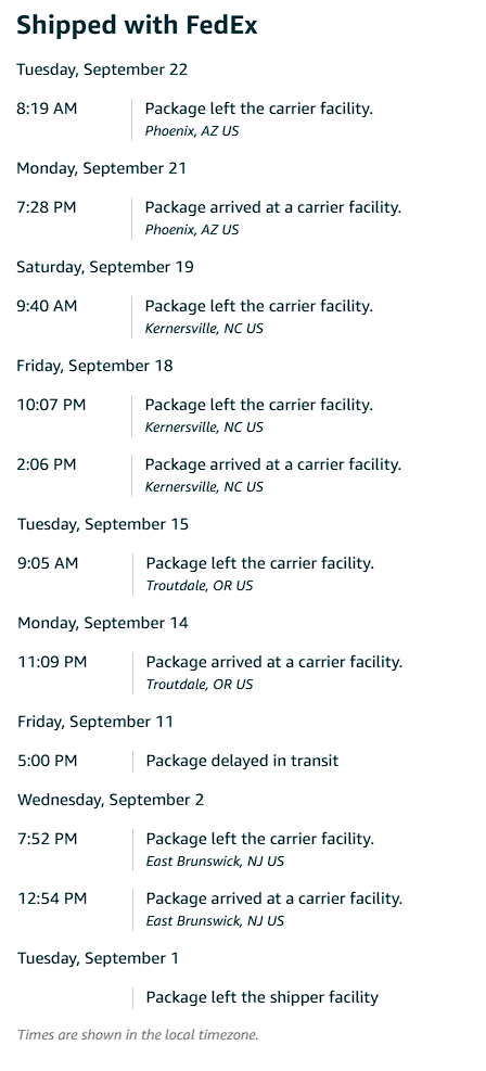 Original tracking screenshots joined, with excess blank space removed, showing the shipment through New Jersey, Oregon, North Carolina and Phoenix. Tracking number covered.