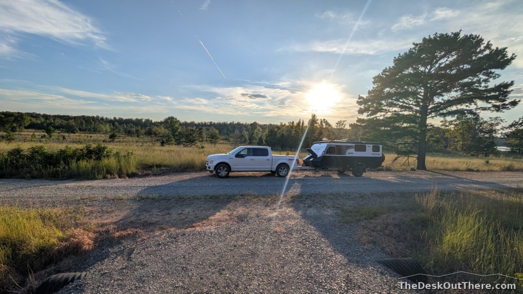 Truck and camper at the first Arkansas setup spot, which turned out to be too sloped.