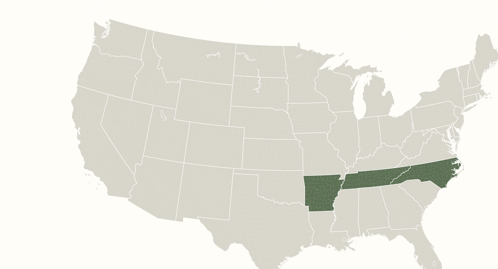 Map of the contiguous United States with North Carolina, Tennessee and Arkansas highlighted as states reached on the road trip.