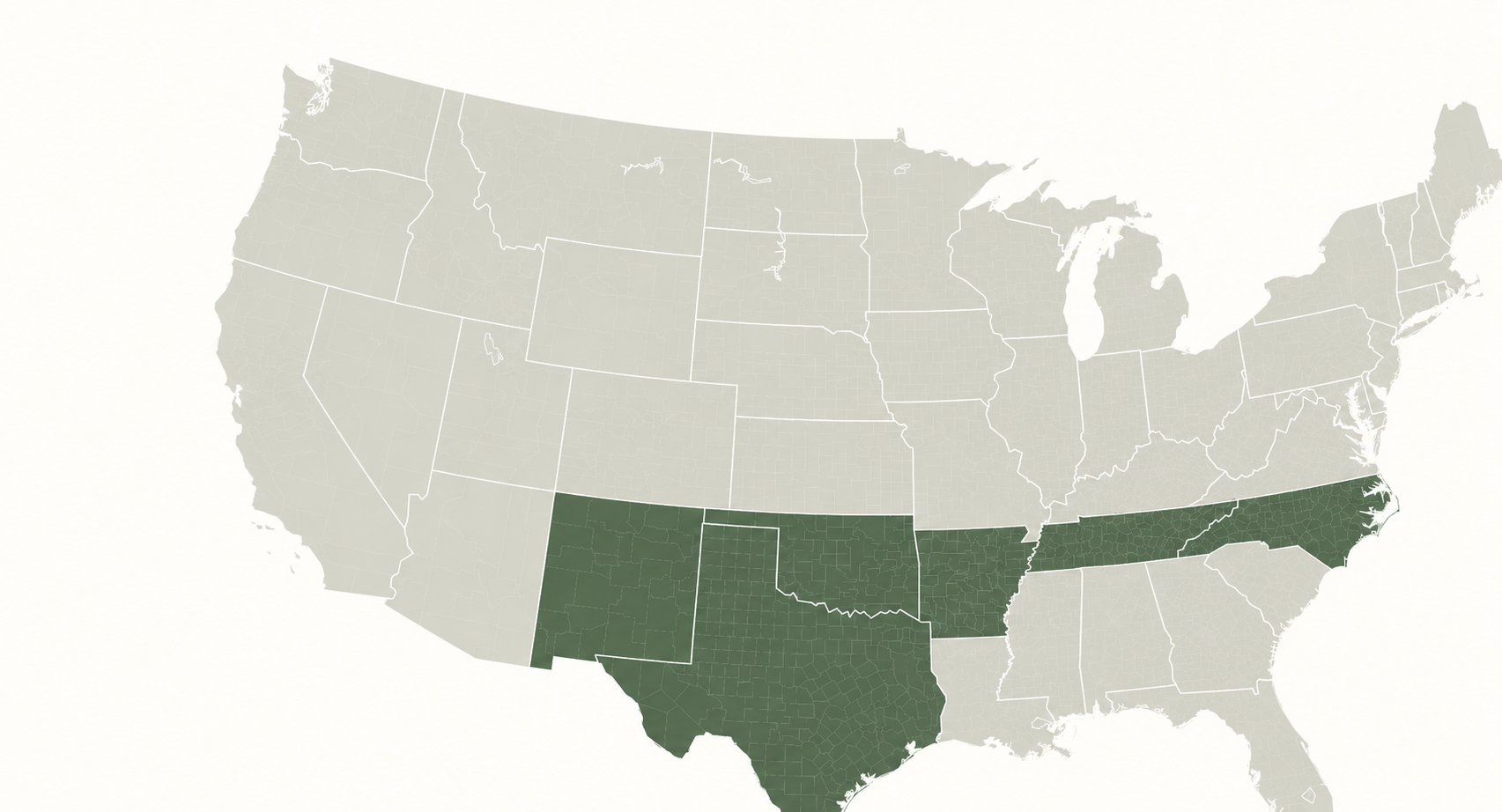 Map of the contiguous United States with North Carolina, Tennessee, Arkansas, Oklahoma, Texas and New Mexico highlighted as states reached on the road trip.