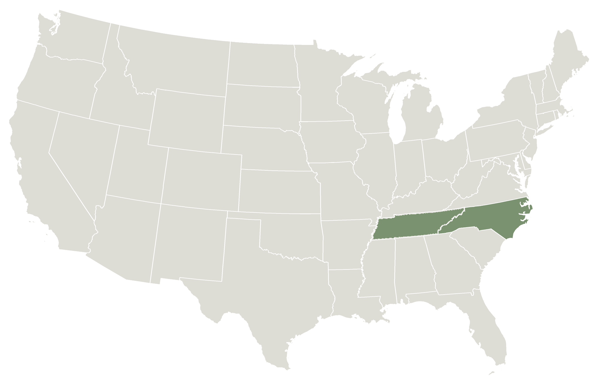 Map of the contiguous United States. North Carolina and Tennessee are green as states reached on the trip. Pins mark the starting state and the current stop.