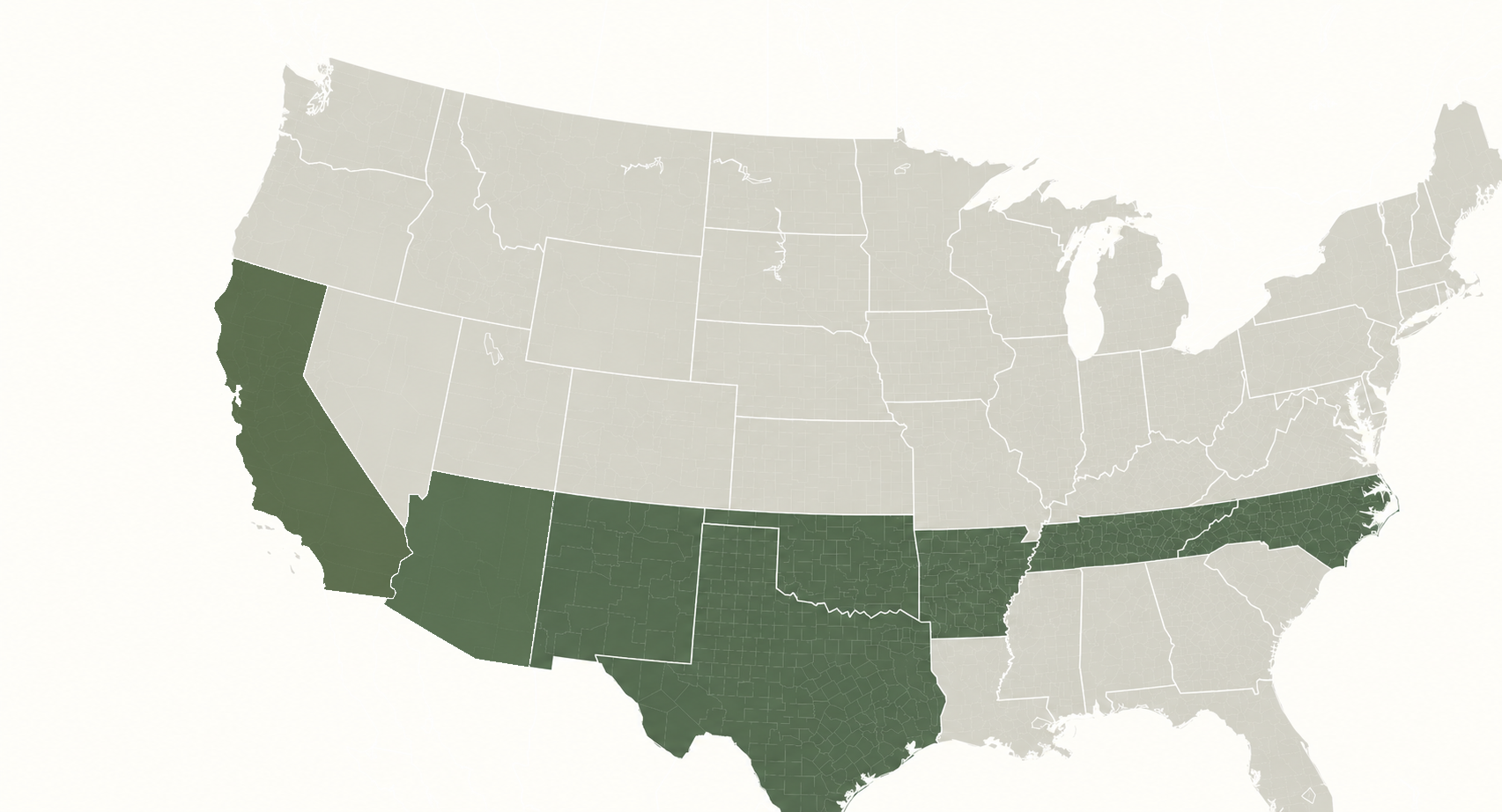 Map of the contiguous United States with North Carolina, Tennessee, Arkansas, Oklahoma, Texas, New Mexico, Arizona and California highlighted as states reached on the road trip.